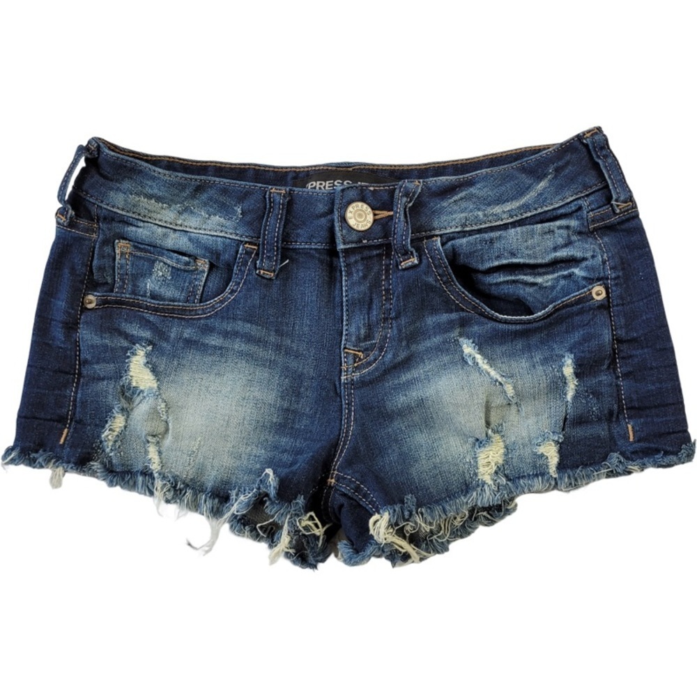 ✅ Express Jeans woman’s dark blue cut off distressed jean shorts size 0